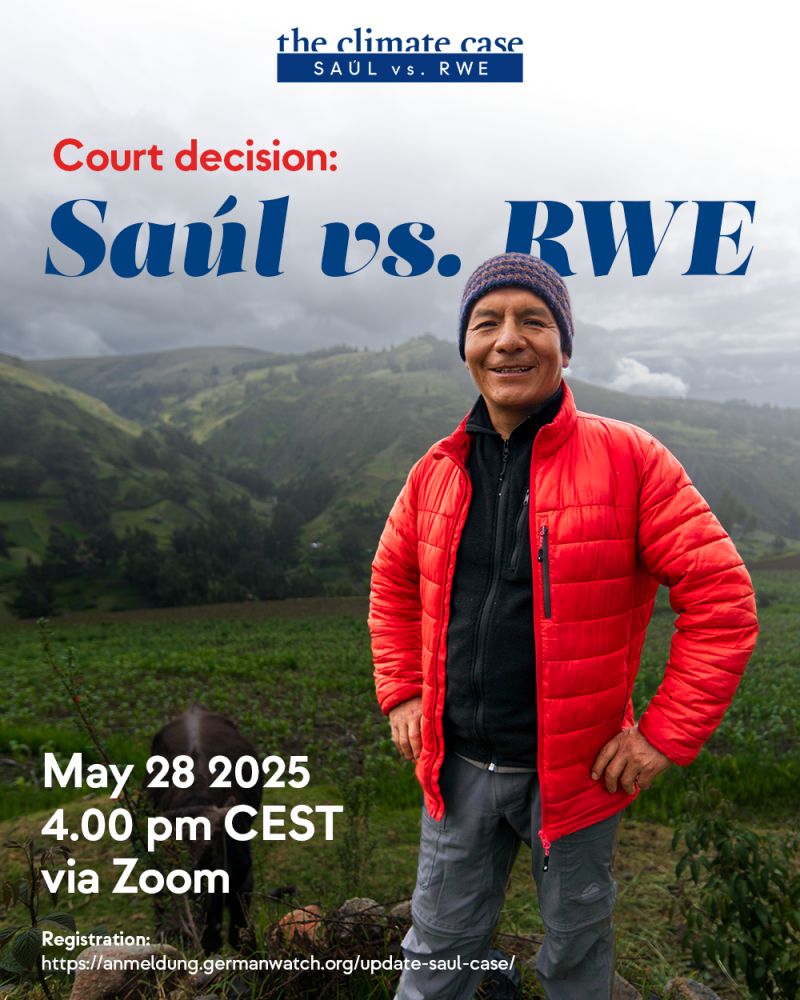 ๐โ๏ธ Seb Duyck | @duycks.bsky.social (@duycks) on Twitter photo โ๏ธ๐#ClimateLitigation turning point: A German Court is expected to take precedent-setting decision that cld shatter the impunity of big polluters
๐Follow in real time @ #SaulvsRWE
๐10 AM: reading of Court's decision
๐4 PM: debrief by Saul & his lawyers
anmeldung.germanwatch.org/update-saul-caโฆ โ๏ธ๐#ClimateLitigation turning point: A German Court is expected to take precedent-setting decision that cld shatter the impunity of big polluters
๐Follow in real time @ #SaulvsRWE
๐10 AM: reading of Court's decision
๐4 PM: debrief by Saul & his lawyers
anmeldung.germanwatch.org/update-saul-caโฆ