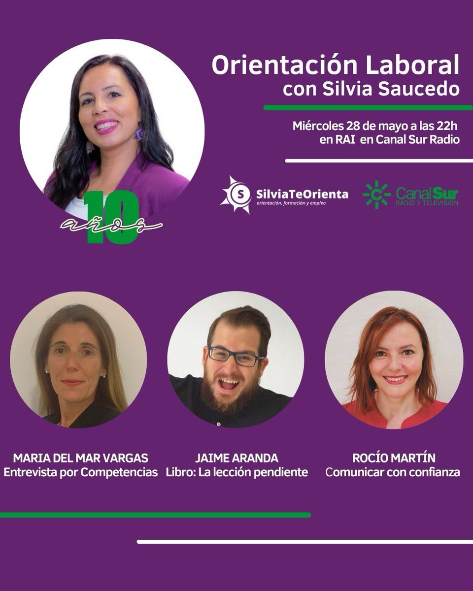 Orientación Laboral en Radio Andalucía Información (@orientacion_csr) on Twitter photo Hoy en #OrientaciónLaboral de #SilviaTeOrienta:
🟣 <a href="/humanracerh/">Maria del Mar Vargas</a> Entrevistas por competencias #RRHH
🟣 <a href="/SaucedoSilv/">Silvia Saucedo</a> entrevista a <a href="/jaimearanda/">Jaime Aranda</a> #librorecomendado La lección pendiente
🟣 <a href="/rociomartinv/">Rocío Martín</a> #Comunicación con confianza en la entrevista
⏰️A las 22h.
Canal Sur Radio Hoy en #OrientaciónLaboral de #SilviaTeOrienta:
🟣 <a href="/humanracerh/">Maria del Mar Vargas</a> Entrevistas por competencias #RRHH
🟣 <a href="/SaucedoSilv/">Silvia Saucedo</a> entrevista a <a href="/jaimearanda/">Jaime Aranda</a> #librorecomendado La lección pendiente
🟣 <a href="/rociomartinv/">Rocío Martín</a> #Comunicación con confianza en la entrevista
⏰️A las 22h.
Canal Sur Radio