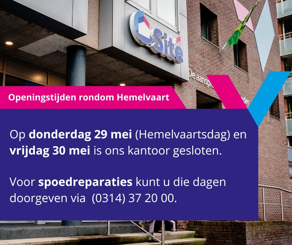 Donderdag 29 mei (Hemelvaartsdag) en vrijdag 30 mei is ons kantoor gesloten. 

Spoedeisende reparatieverzoeken kunt u die dagen doorgeven via (0314) 37 20 00.