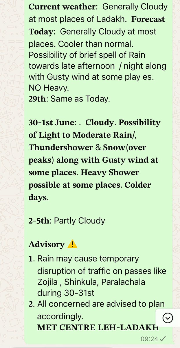 metcentreleh's tweet image. Weather Forecast LADAKH(28.5.25)
Currently, it鈥檚 generally cloudy at most places with Rain in some area
饾悈饾惃饾惈饾悶饾悳饾悮饾惉饾惌
饾悡饾惃饾悵饾悮饾惒& 饾悡饾惃饾惁饾惃 : Cloudy with light RAIN likely at isolated places
饾煈饾煄-饾煈饾煆饾惉饾惌: 饾悜饾悁饾悎饾悕/饾悞饾悺饾惃饾惏饾悶饾惈 at MANY Places
饾悁饾悵饾惎饾悽饾惉饾惃饾惈饾惒
Remain Updated