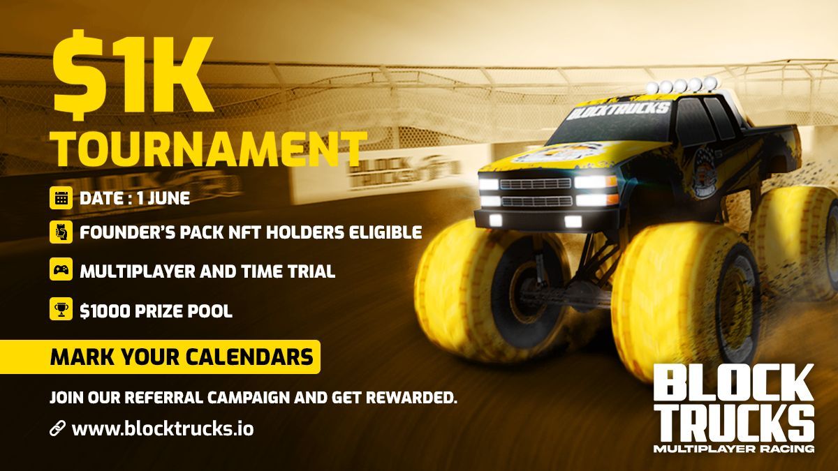blocktrucks's tweet photo. 5 Days left until chaos hits the track.
$1k Alpha Tournament launches June 1st
๐ More info - https://t.co/w6mVtFcwc6
๐ Join the Discord - https://t.co/hysk6sATUi
#BlockTrucks #NFTGaming #Web3Gaming #MultiplayerRacing #PlayToEarn #Immutable #Alpha #Tournament https://t.co/W7SpiVlwNp