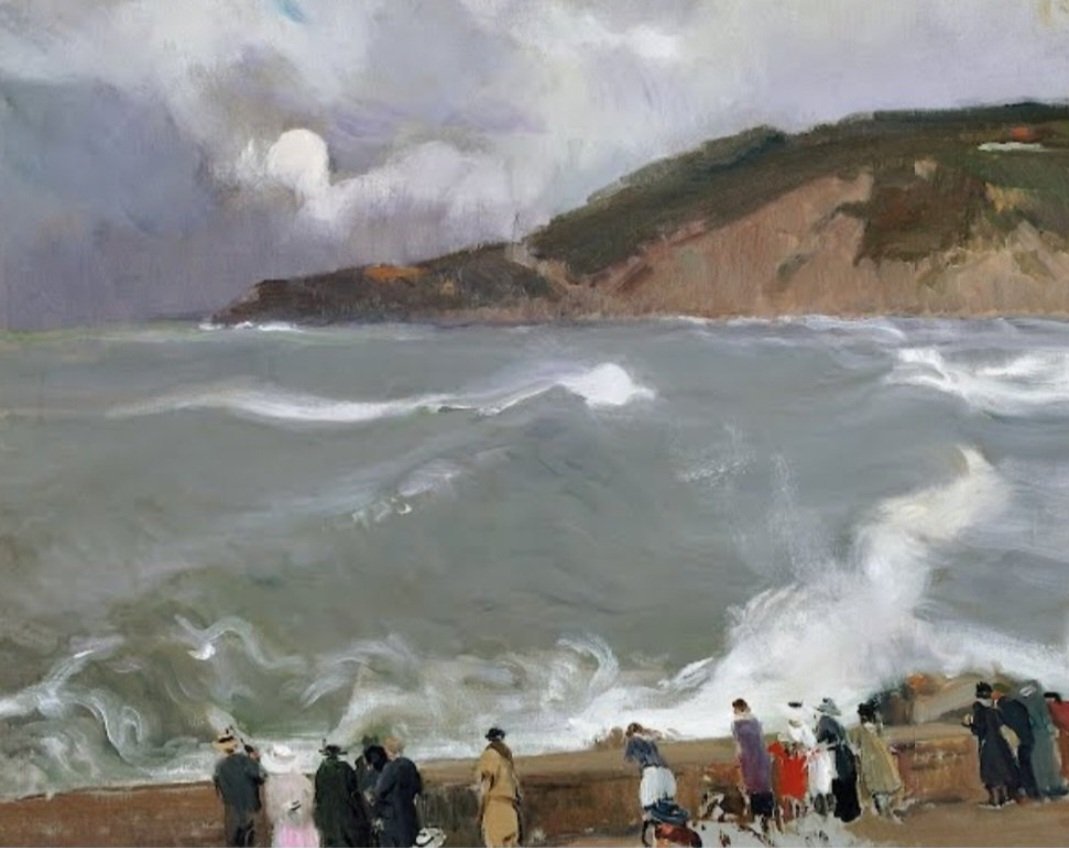 'Breakwater, San Sebastian.' (1918)
Most of Sorolla's paintings at the beach in San Sebastian are different from his Mediterranean scenes. In Valencia, the figures belong to the sea, but here they watch it from the promenade, like an audience watching a performance in a theatre.