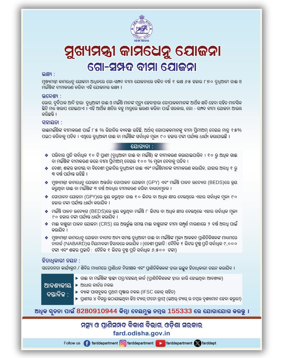 ଆପଣଙ୍କ ପ୍ରାଣିମାନଙ୍କର ସୁରକ୍ଷା ଦାୟିତ୍ବ ବହନ କରୁଛି ମୁଖ୍ୟମନ୍ତ୍ରୀ କାମଧେନୁ ଯୋଜନା।