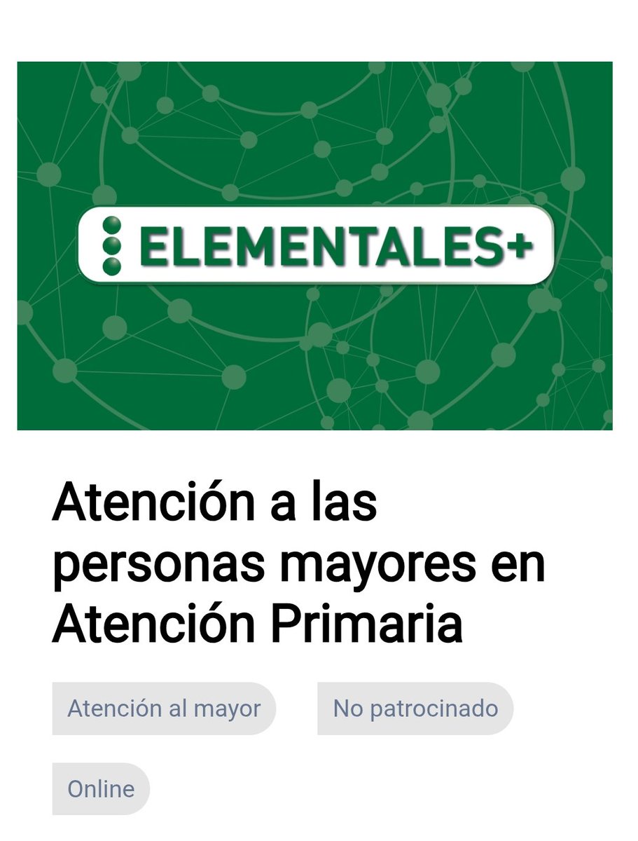 semfyc.es/formacion/aten…
<a href="/AM_GdT_SEMFYC/">GdT Atención al Mayor</a> hemos generado un curso <a href="/semfyc/">semFYC</a> para mejorar la atención a los mayores en Atención Primaria.
NO OS LO PODÉIS PERDER!!!!