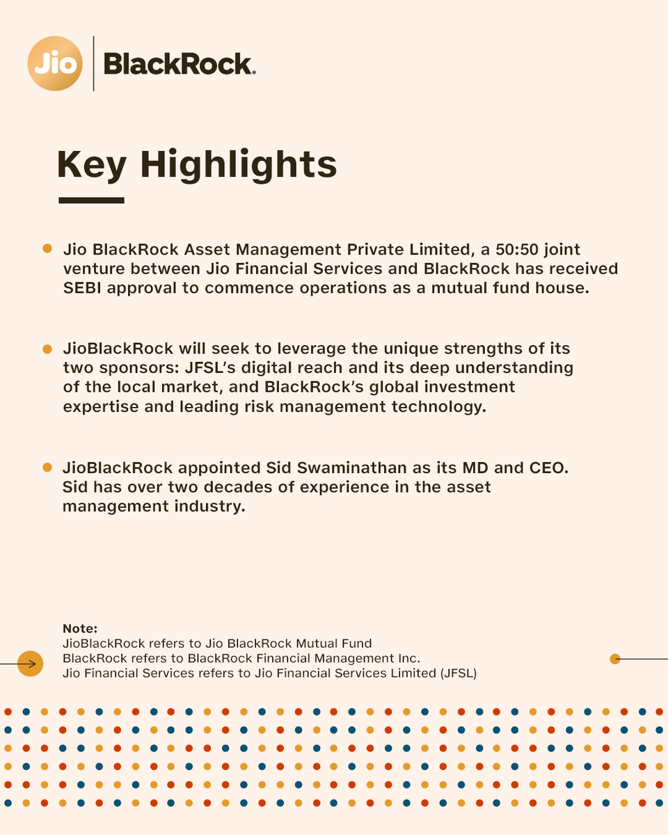 JioBlackRockmf's tweet photo. Big news in the world of investments. A 50:50 joint venture between Jio Financial Services Limited and BlackRock Financial Management Inc, JioBlackRock, is now officially SEBI-registered for the mutual funds business.

This partnership brings together the global asset management expertise of BlackRock and the unmatched digital reach of JioFinance, with a shared vision, to make investing smarter, simpler, and more accessible for every Indian.

As India’s financial landscape evolves, we’re setting the stage for a new investing experience. One that’s driven by cutting-edge technology, powered by data, and built for the next generation of investors.

This is more than just a launch. It’s the beginning of a movement.