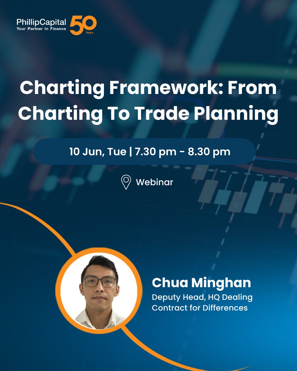 Don’t miss our webinar: “Charting Framework: From Charting To Trade Planning” happening on 10 Jun, Tue, at 7.30pm!

Register now: bit.ly/3YYlQZ9
#PhillipCapital #YourPartnerinFinance #Servingyousince1975 #PhillipCapital50 #CFD #Trading #Webinar
