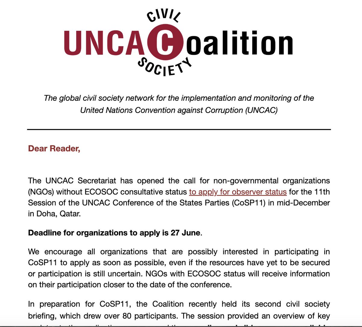 💥 Our May newsletter came out last week, and it’s packed with updates for the anti-corruption community 💥

Highlights include: 

📍An open letter to the Human Rights Council
📍Updates on civic space threats

And much more... 

Read it here ➡️ mailchi.mp/uncaccoalition…