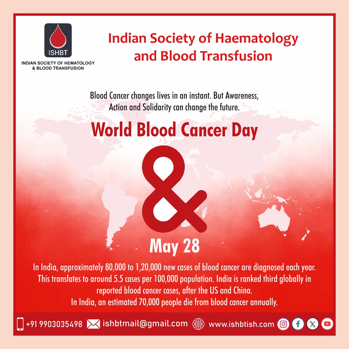 World Blood Cancer Day
Blood Cancer changes lives in an instant. But Awareness,
Action and Solidarity can change the future.

#awarness #AwarnessCampaign #bloodcancerawareness #blooddisorders #Leukemia #doctor #Medical #Health #campaign