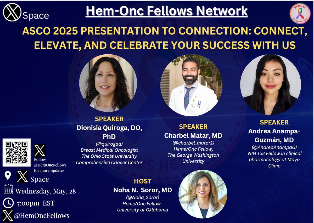 Noha N. Soror, MD, MSc. 𓂀 (@noha_soror) on Twitter photo Fellows and trainees—don’t miss this special #ASCO25 episode!
We’ll dive into how to effectively present your work at ASCO, maximize opportunities to connect and celebrate the incredible contributions of fellows and trainees. Join us for an inspiring conversation! <a href="/HemOncFellows/">Hem-Onc Fellows Network</a> Fellows and trainees—don’t miss this special #ASCO25 episode!
We’ll dive into how to effectively present your work at ASCO, maximize opportunities to connect and celebrate the incredible contributions of fellows and trainees. Join us for an inspiring conversation! <a href="/HemOncFellows/">Hem-Onc Fellows Network</a>