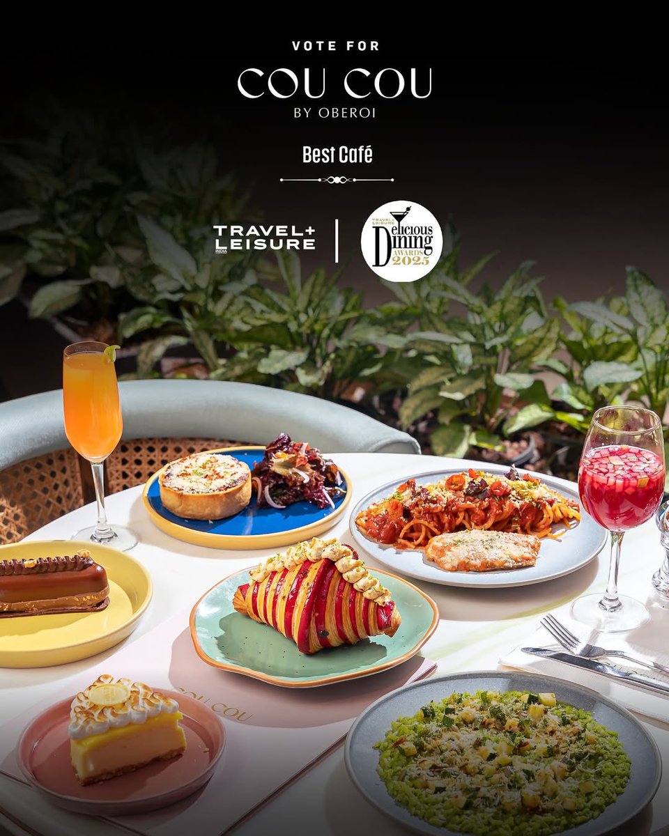 Your daily dose of joy just got nominated!

COU COU by Oberoi is up for Best Café at the Travel + Leisure India Delicious Dining Awards 2025.

Thank you for every coffee date, every flaky bite, and every sweet second you’ve spent with us.
Click the link in our bio to vote.