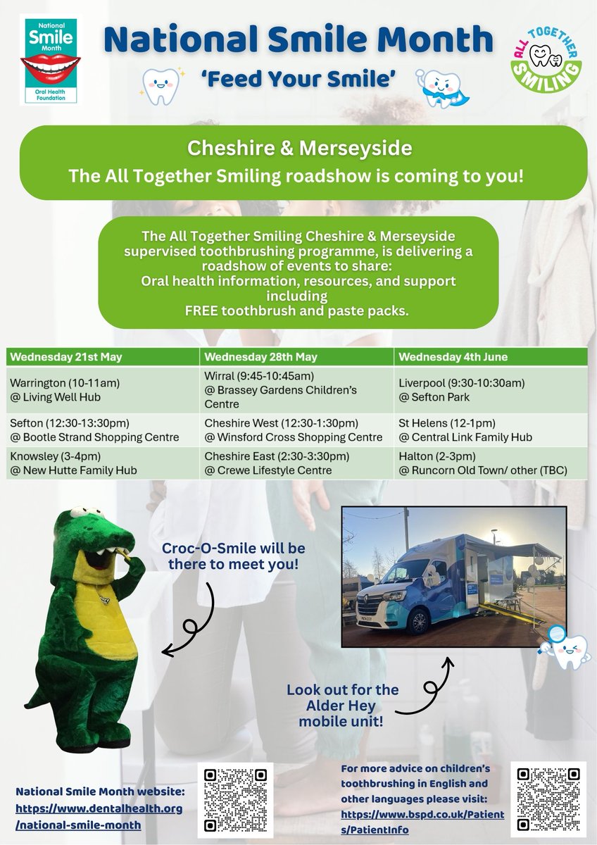 This month is #NationalSmileMonth 😁 and The All Together Smiling roadshow will be coming to Cheshire &amp; Merseyside between Wednesday 21st May and Wednesday 4th June. You can find specific dates and times below 👇 

More info: bit.ly/42U8Beo

#SmileMonth #FeedYourSmile