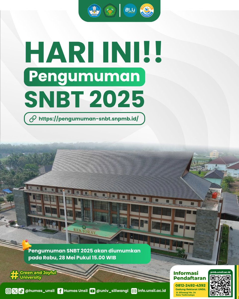 Humas_Unsil's tweet photo. HARI YANG DINANTI TELAH TIBA!
Pengumuman SNBT 2025 SUDAH BISA DIAKSES HARI INI‼️
Cek sekarang juga hasil perjuanganmu di:
🔗 https://t.co/w6XwinJB6X
Yuk, siapkan dirimu untuk jadi bagian dari Universitas Siliwangi!
#SNBT2025
#UNSIL
#UniversitasSiliwangi https://t.co/ucrRoc1iOz