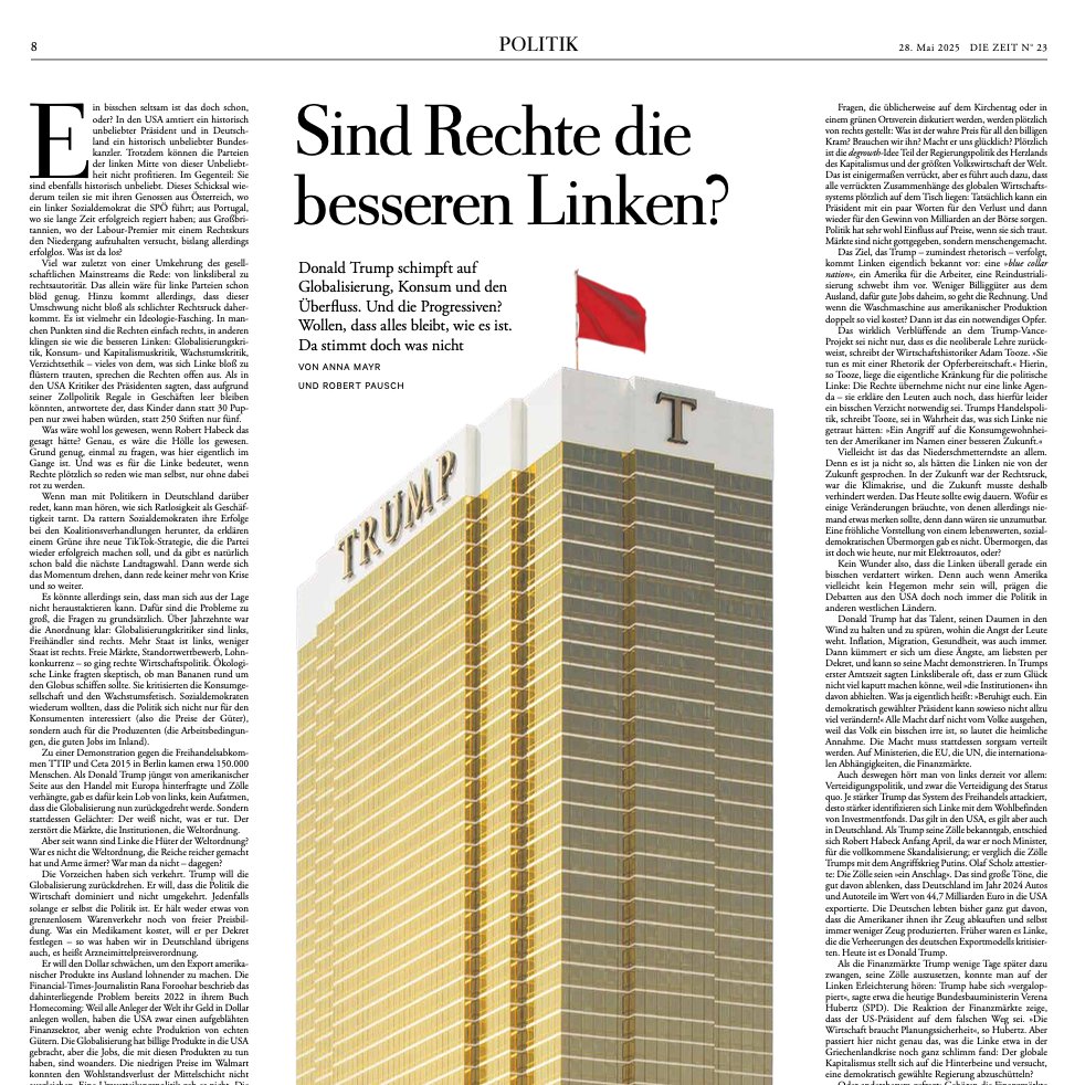 "Gehören die Finanzmärkte jetzt auch zu den "Institutionen", die Linke gerade verteidigen wollen? Stellt man sich gemeinsam mit der Wall Street den Rechten entgegen? Ist der Feind meines Feindes wirklich mein Freund, oder habe ich einfach keine bessere Idee?"
Diese Woche <a href="/DIEZEIT/">DIE ZEIT</a>