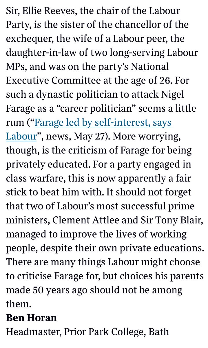 benjchoran's tweet photo. My letter in today’s @thetimes touching on the nature of the political discourse from @UKLabour &amp; @elliereeves towards @Nigel_Farage
It reflects on an increased tendency to ‘weaponise’ independent education as a shorthand for privilege. https://t.co/d4u2W5ZniA