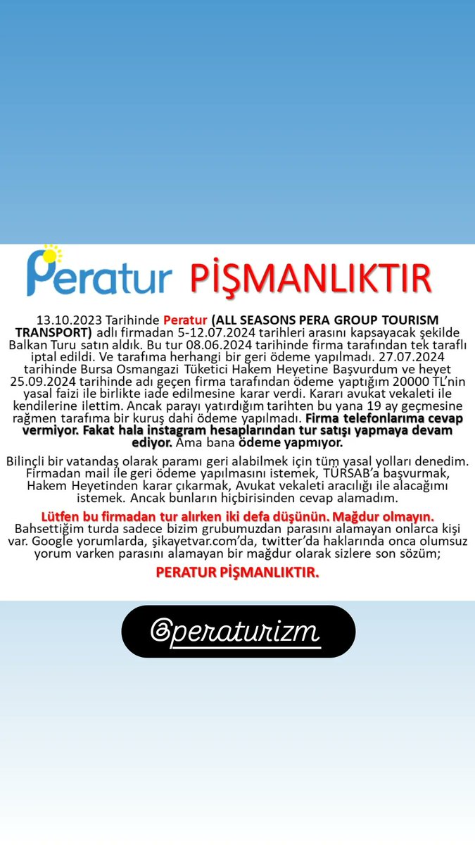 19 aydır paramızı vermeyen ama sosyal medya hesaplarında hala satış yapan bu firmadan şikayetçiyim. Birisi sesimizi duysun artık. Yasal tüm yollar tükendi. <a href="/asayisberkemal0/">Asayiş Berkemal</a> <a href="/anadoluajansi/">Anadolu Ajansı</a> <a href="/dhainternet/">Demirören Haber Ajansı</a> <a href="/ihacomtr/">İhlas Haber Ajansı</a> <a href="/tursaborgtr/">TÜRSAB</a> <a href="/TCKulturTurizm/">T.C. Kültür ve Turizm Bakanlığı</a>
