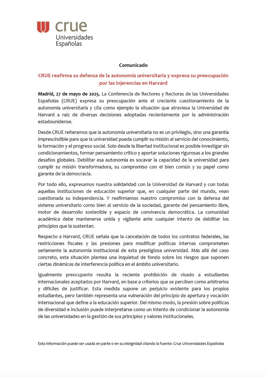 Universidad de Málaga (@infouma) on Twitter photo 🔘| Nos adherimos al comunicado de <a href="/CrueUniversidad/">Crue Universidades</a>, expresando la preocupación por las injerencias en Harvard -basadas en criterios que se perciben como arbitrarios y difíciles de justificar- y reafirmando la autonomía universitaria. 🔘| Nos adherimos al comunicado de <a href="/CrueUniversidad/">Crue Universidades</a>, expresando la preocupación por las injerencias en Harvard -basadas en criterios que se perciben como arbitrarios y difíciles de justificar- y reafirmando la autonomía universitaria.