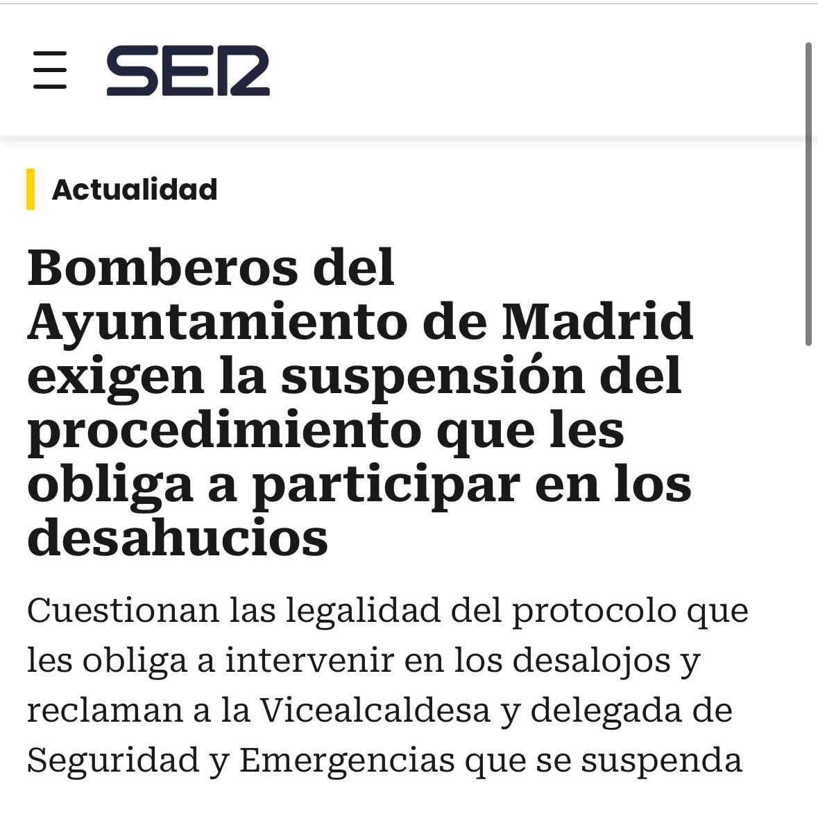 La prioridad de Almeida para los bomberos de Madrid, que soportan un déficit de 400 efectivos: obligarlos a participar en desahucios, lo que excede su función de «extinción de incendios» y «salvamento de personas y bienes en siniestros».

Todo nuestro apoyo a los profesionales.