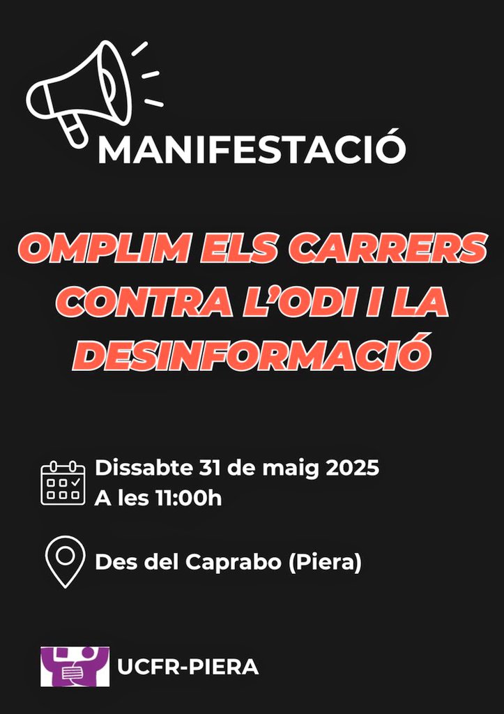 ○● 🏴‍☠️ 𝗧𝗼𝘁𝗲𝘀 𝗮 𝗹𝗮 𝗺𝗮𝗻𝗶

L'atac al centre d'acollida dels menos no acompanyats de Piera torna a posar sobre la taula la necessitat de combatre tota expressió xenòfoba alimentada per la por. El dissabte, plantem-nos davant l'odi.

📣 𝘼𝙋𝘼 𝙞 𝙤𝙧𝙜𝙖𝙣𝙞𝙩𝙯𝙖'𝙩!