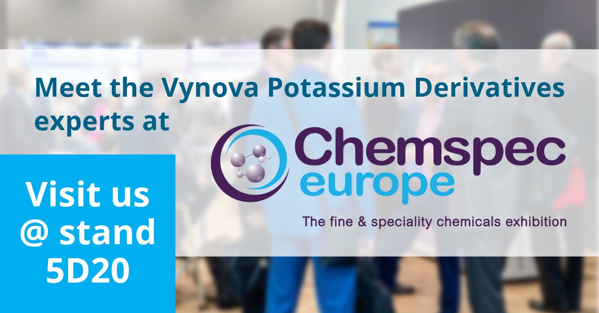 Only 1️⃣ week until the start of #ChemspecEurope!

Join us in Cologne (Germany) on 4 &amp; 5 June and meet our Potassium Derivatives experts at the #Vynova booth at stand 5D20 to discuss your K Derivatives needs!

#ThePotassiumDerivativesExpert