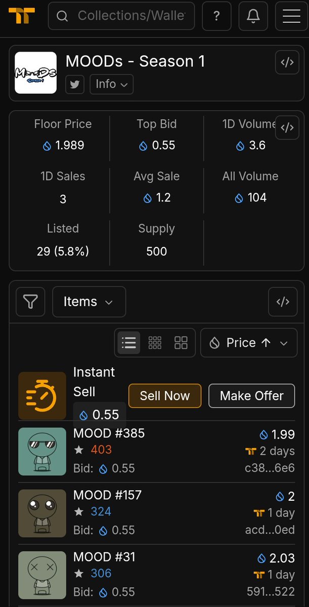 Alpha 👀 

<a href="/Dinkys_NFT/">Dinky's NFT</a> MOODs is still underrated 

Discount Opportunity to Ape in 

Supply is perfect 500 Max 

MOODs to 10 $SUI or Nothing 👌

Trade here 👇

tradeport.xyz/sui/collection…

Rep me <a href="/GiveRep/">GiveRep</a>