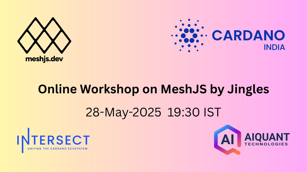 ⏳ The final countdown has begun! Get ready to level up your Web3 skills at the MeshJS workshop with its creator, <a href="/jinglescode/">Jingles</a> ! Hosted by Cardano India, in collaboration with MeshJS, AIQUANT &amp; INTERSECT. 🚀 Don’t miss this exclusive deep dive into Cardano dApp development!