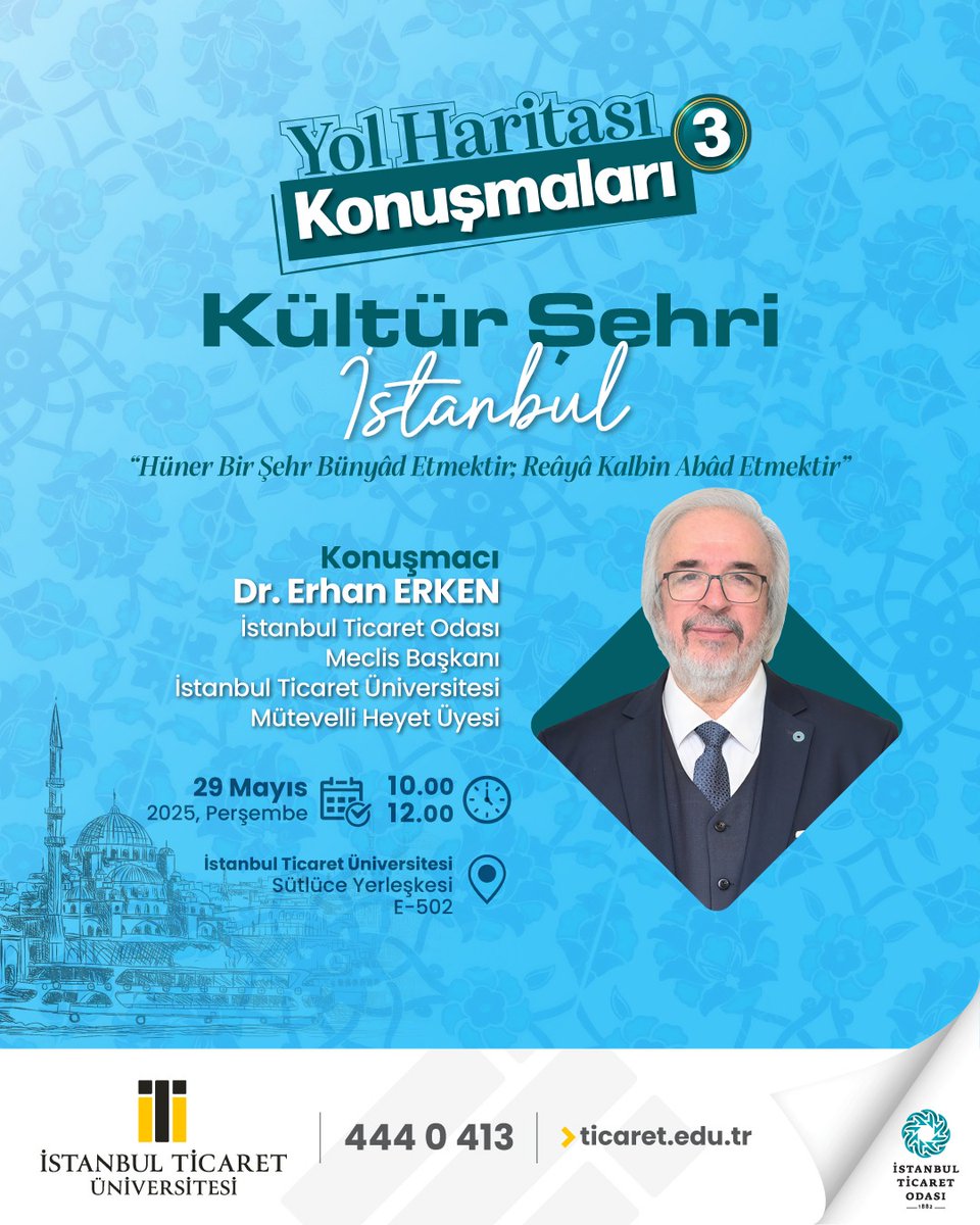 “Hüner bir şehr bünyâd etmektir; Reâyâ kalbin âbâd etmektir” 

“Yol Haritası Konuşmaları” serisinin üçüncü buluşmasında İstanbul konuşulacak. 

Konuğumuz; İş hayatının, sivil toplum çalışmalarının yanı sıra kitap ve kültürle de daima hemhâl olan İstanbul Ticaret Odası Meclis