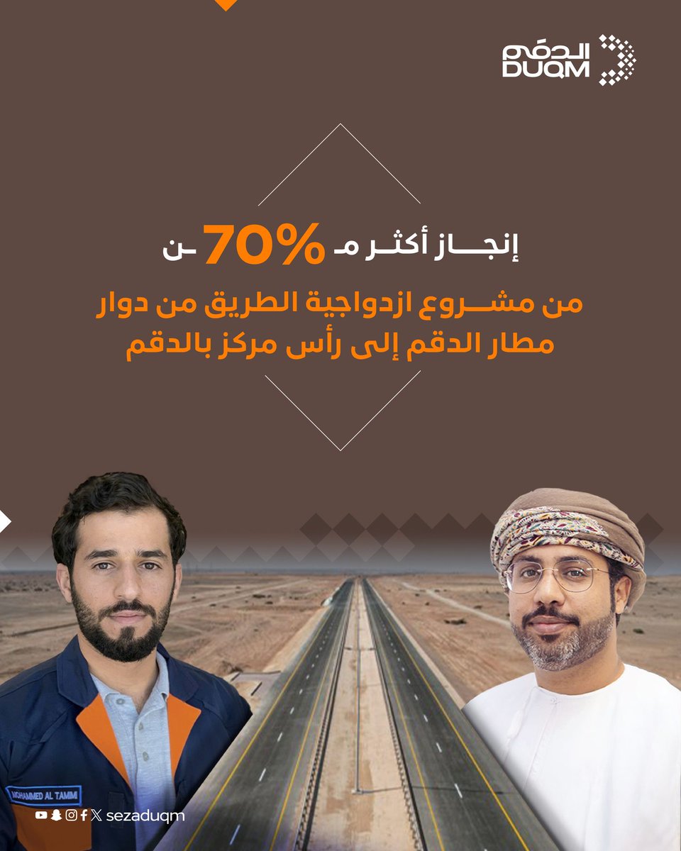 sezaduqm's tweet image. كجزءٍ من رؤية المنطقة الاقتصادية الخاصة بـ#الدقم لتطوير بنية أساسية قوية تدعم النمو المستدام؛ إنجاز أكثر من 70٪ من مشروع ازدواجية الطريق من دوار مطار الدقم إلى رأس مركز الدقم، مما يجعله مهيأً لتفعيل الحركة المرورية.
#الدقم_بوابة_المستقبل