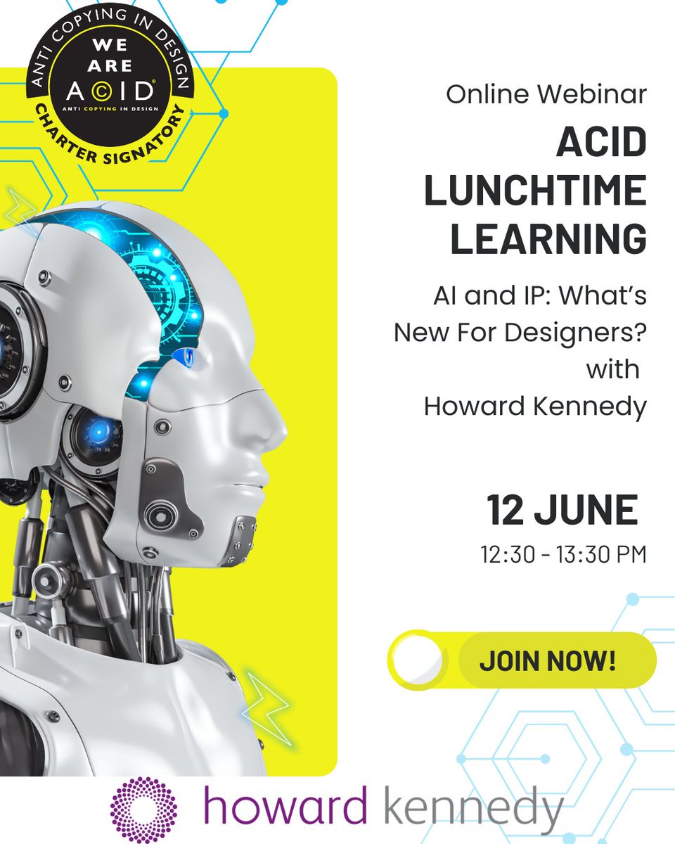 Anti Copying in Design (@acid_tweets) on Twitter photo 🤖 FREE Webinar 🤖
ACID Lunchtime Learning: AI and IP — What’s New for Designers?
🗓 Wed, June 12th | 🕧 12:30–1:30 PM
How is AI changing IP — and what does it mean for designers?
Join <a href="/HowardKennedy/">Howard Kennedy</a> to find out!
🎟 Register now for FREE: bit.ly/3XtcbJj 🤖 FREE Webinar 🤖
ACID Lunchtime Learning: AI and IP — What’s New for Designers?
🗓 Wed, June 12th | 🕧 12:30–1:30 PM
How is AI changing IP — and what does it mean for designers?
Join <a href="/HowardKennedy/">Howard Kennedy</a> to find out!
🎟 Register now for FREE: bit.ly/3XtcbJj