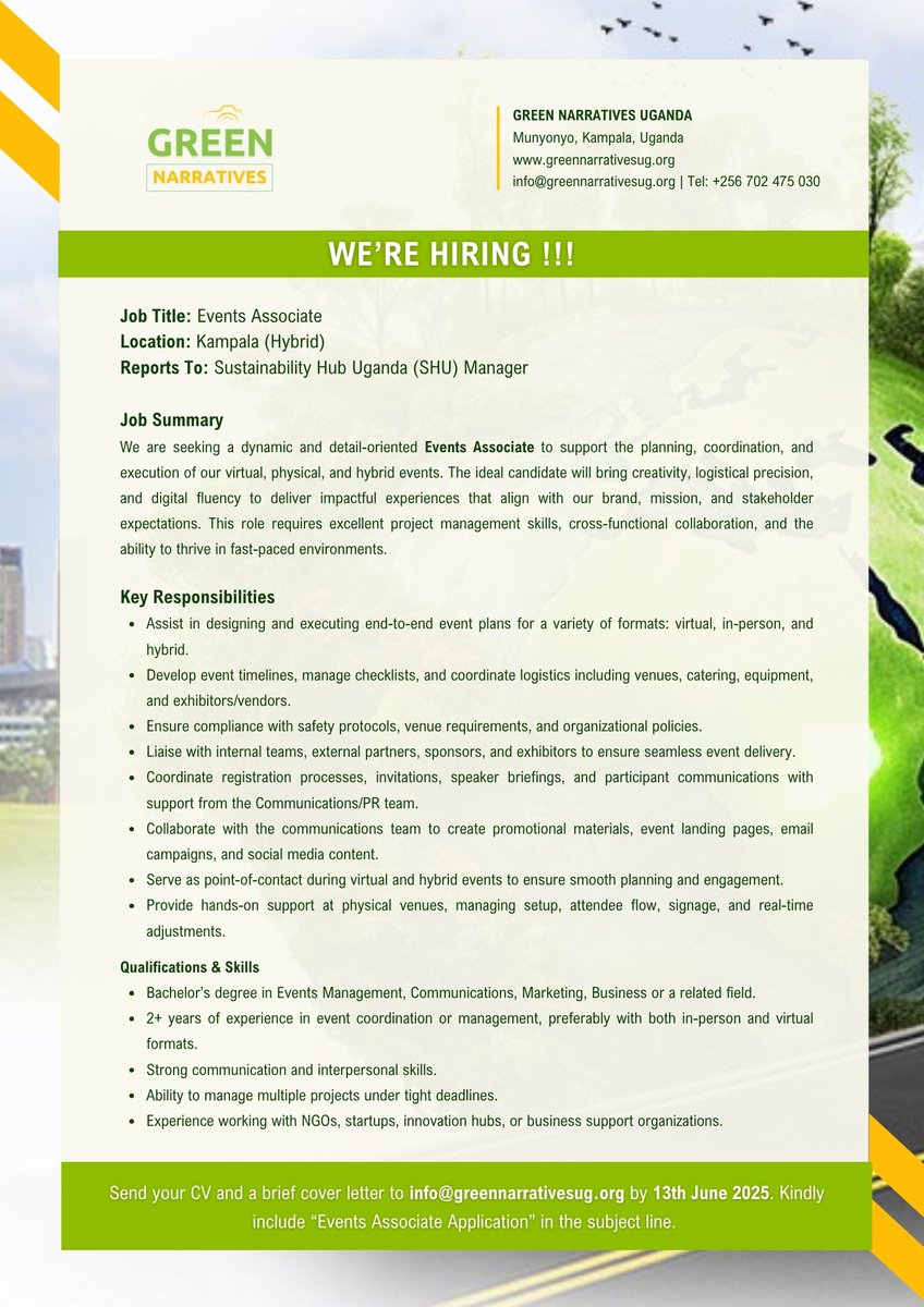 UgandaShu's tweet photo. #HiringAlert 📌

Are you passionate about #sustainability and events? 🌍

We need your unique talent to help us elevate a diverse array of exciting events.

 Join us in making a meaningful impact! 

🗓  Apply by 13th June,2025. https://t.co/BZBaXPlZsA