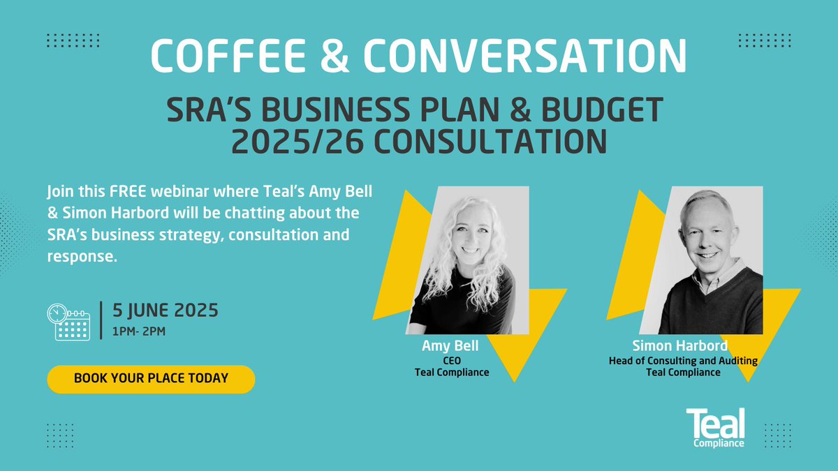 💻Have you booked onto our FREE Webinar - SRA's Business Plan &amp; Budget 2025/26 Consultation?

If not, book today to join Teal's Amy Bell and Simon Harbord for this FREE, legal compliance, lunchtime webinar. 

loom.ly/Mgi_Sis

#legalcompliance #compliancewebinar