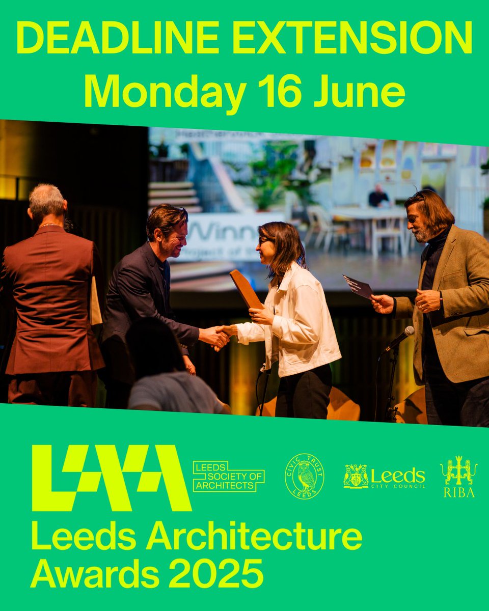 📣APPLICATION DEADLINE EXTENSION - 16 JUNE

Recognising that people have been occupied with UKREiif and the half-term holidays, The Leeds Architecture Awards Steering Group has agreed to extend the deadline for entries to midnight on 16th June.

🔗zurl.co/5E8Qt
