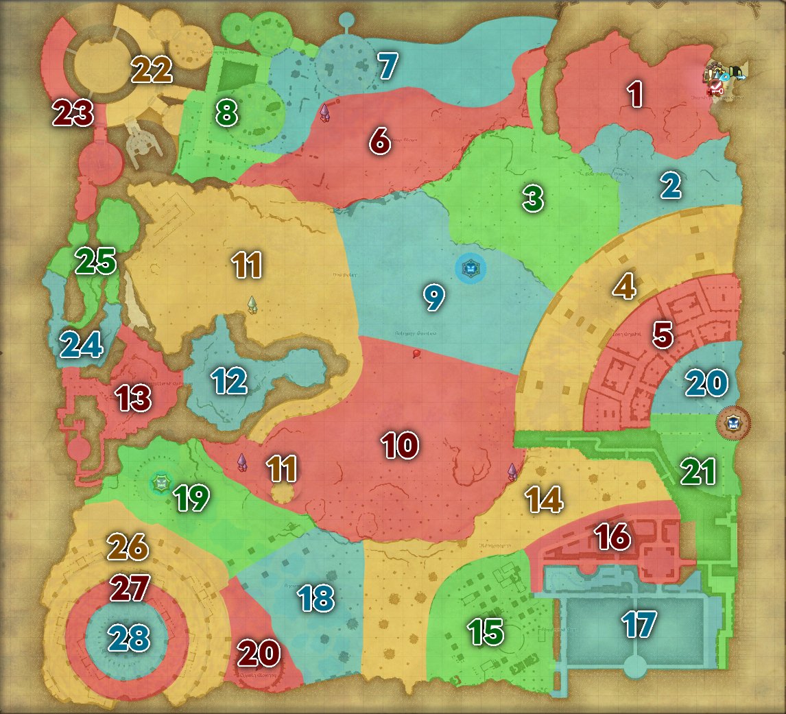 めっちゃ雑だけどクレセントアイルのレベル別モブの分布図作った 色は