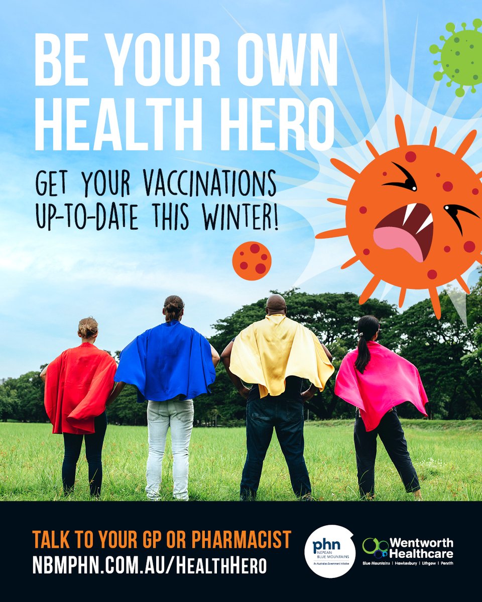Our Health Heroes are back, with a reminder to get your winter vaccinations up-to-date! Getting vaccinated helps to prevent the spread of respiratory illnesses. 
Talk to your GP or pharmacist about what vaccinations are right for you.
📲  nbmphn.com.au/healthhero