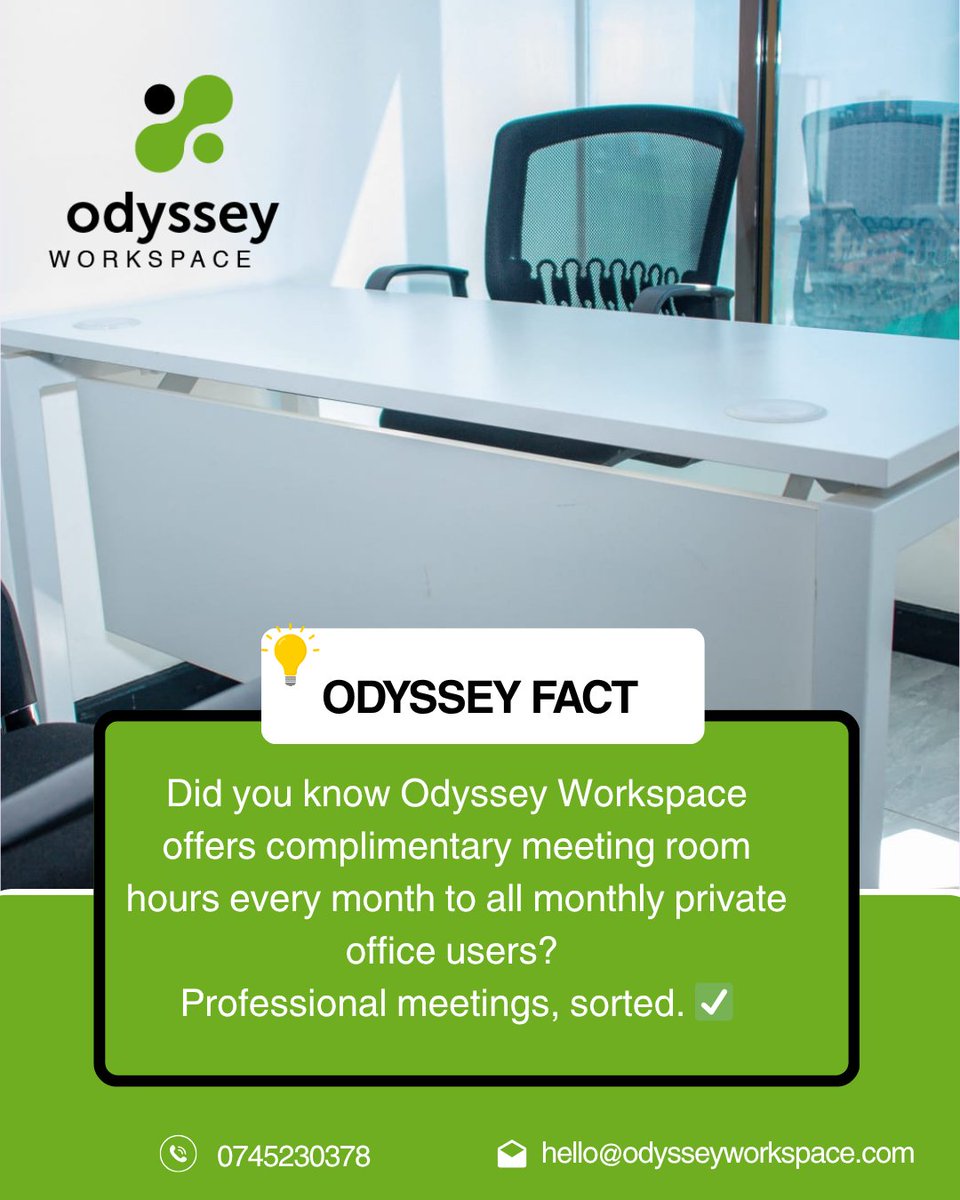 At Odyssey Workspace, we offer more than just office space we support how you work.
📞 Call or WhatsApp us today at 0745 230 378 to book a tour or learn more.

#OdysseyWorkspace #PrivateOfficePerks #WorkSmart #NairobiWorkspaces