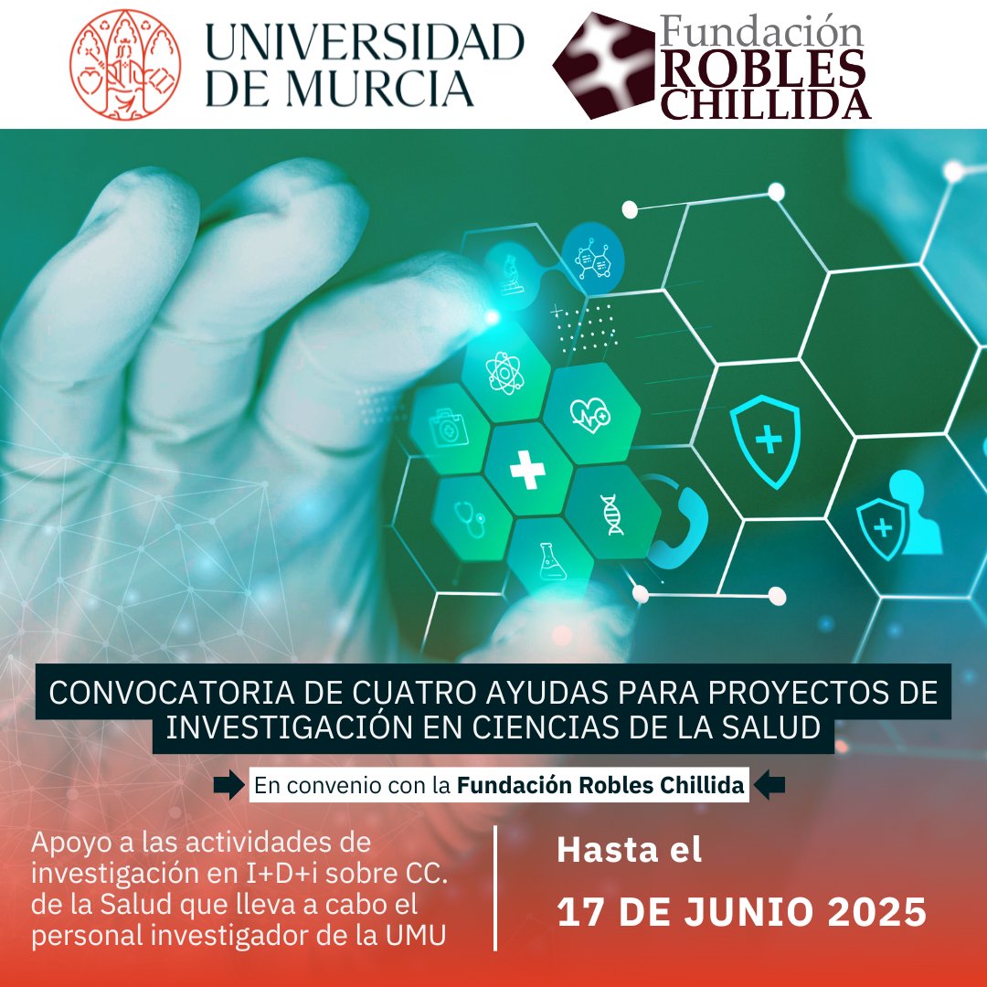 Research-UMU (@research_um) on Twitter photo 📢 ¡Nueva Convocatoria Ayudas Investigación 2025! 🔬
La <a href="/UMU/">Universidad Murcia</a> y la Fundación #RoblesChillida convocan 4 ayudas de 5.000€ para Proyectos de Investigación en Ciencias de la Salud
👥 Para investigadores/as UMU
🗓️ Plazo solicitud: 17 junio 2025
🔗 Bases: sede.um.es/sede/documento… 📢 ¡Nueva Convocatoria Ayudas Investigación 2025! 🔬
La <a href="/UMU/">Universidad Murcia</a> y la Fundación #RoblesChillida convocan 4 ayudas de 5.000€ para Proyectos de Investigación en Ciencias de la Salud
👥 Para investigadores/as UMU
🗓️ Plazo solicitud: 17 junio 2025
🔗 Bases: sede.um.es/sede/documento…