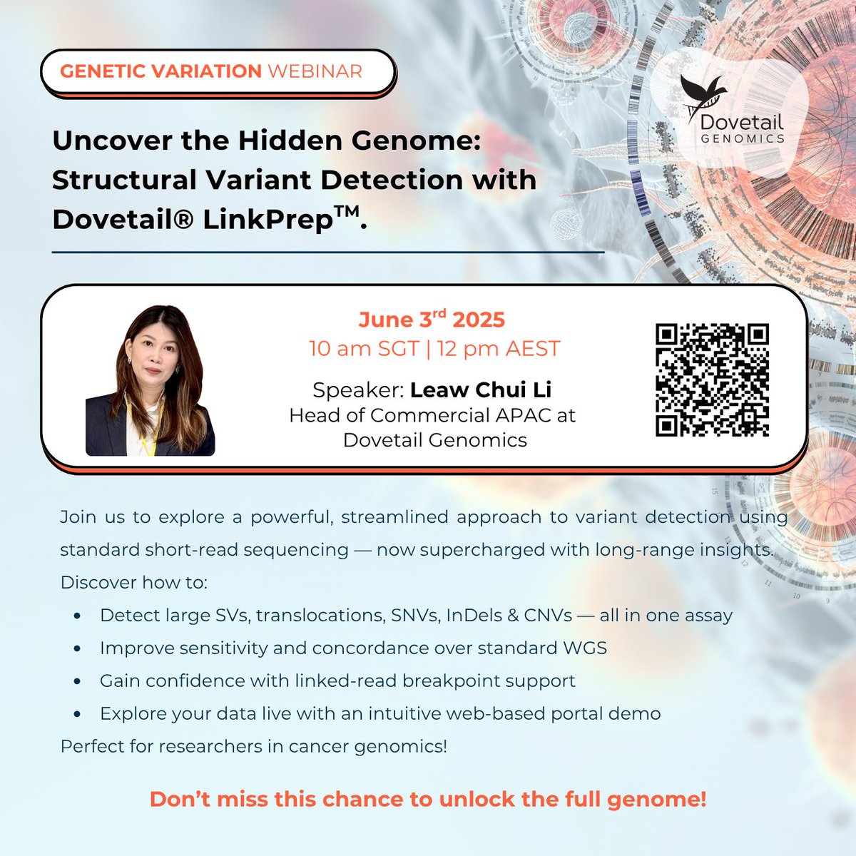 🔔 Upcoming Webinar – Let’s Talk Structural Variants!
🧬 Uncover the Hidden Genome with Dovetail® LinkPrep™
📅 June 3 | 10 AM SGT | 12 PM AEST 🕙
Detect SVs, SNVs, InDels &amp; CNVs—all in one assay with breakpoint-level confidence.
🔗 Register: edenrocsciences.zoom.us/webinar/regist…