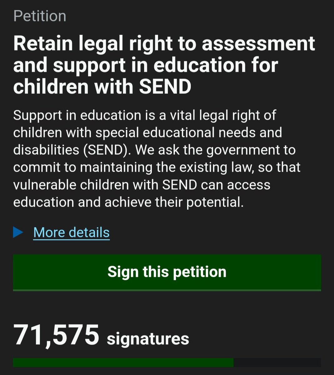 The petition to protect SEND children's rights has momentum - now at over 71,000 signatures. But it needs to get to 100,000 to trigger a parliament debate, before it's too late.
Please sign &amp; share!
What other orgs or public figures could help spread the word?
Link in next tweet: