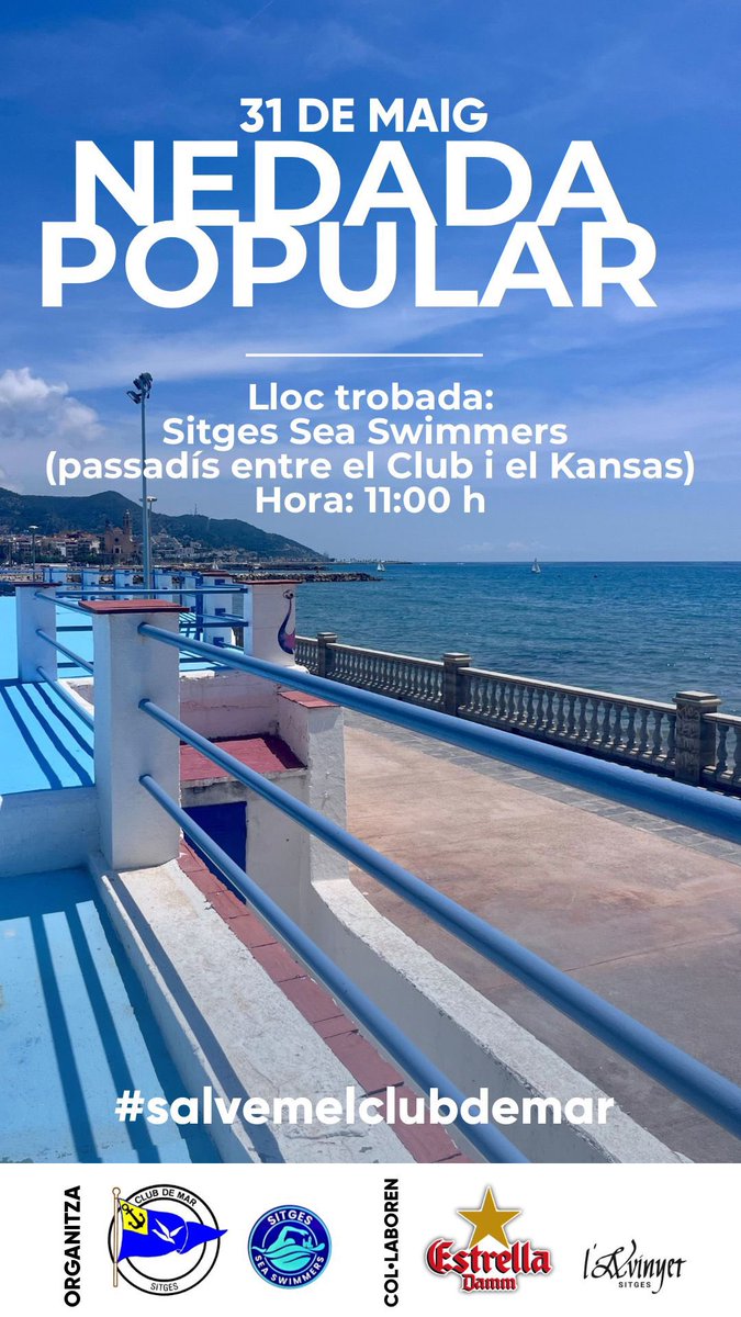 El proper dia 31/05 el Club de Mar juntament amb els Sitges Sea Swimmers i la col·laboracio de <a href="/EstrellaDammCat/">Estrella Damm Cat</a> i L’Avinyet Sitges organitza una nedada popular 
No hi falteu !
Som-hi !

#salvemelclubdemar #sitges