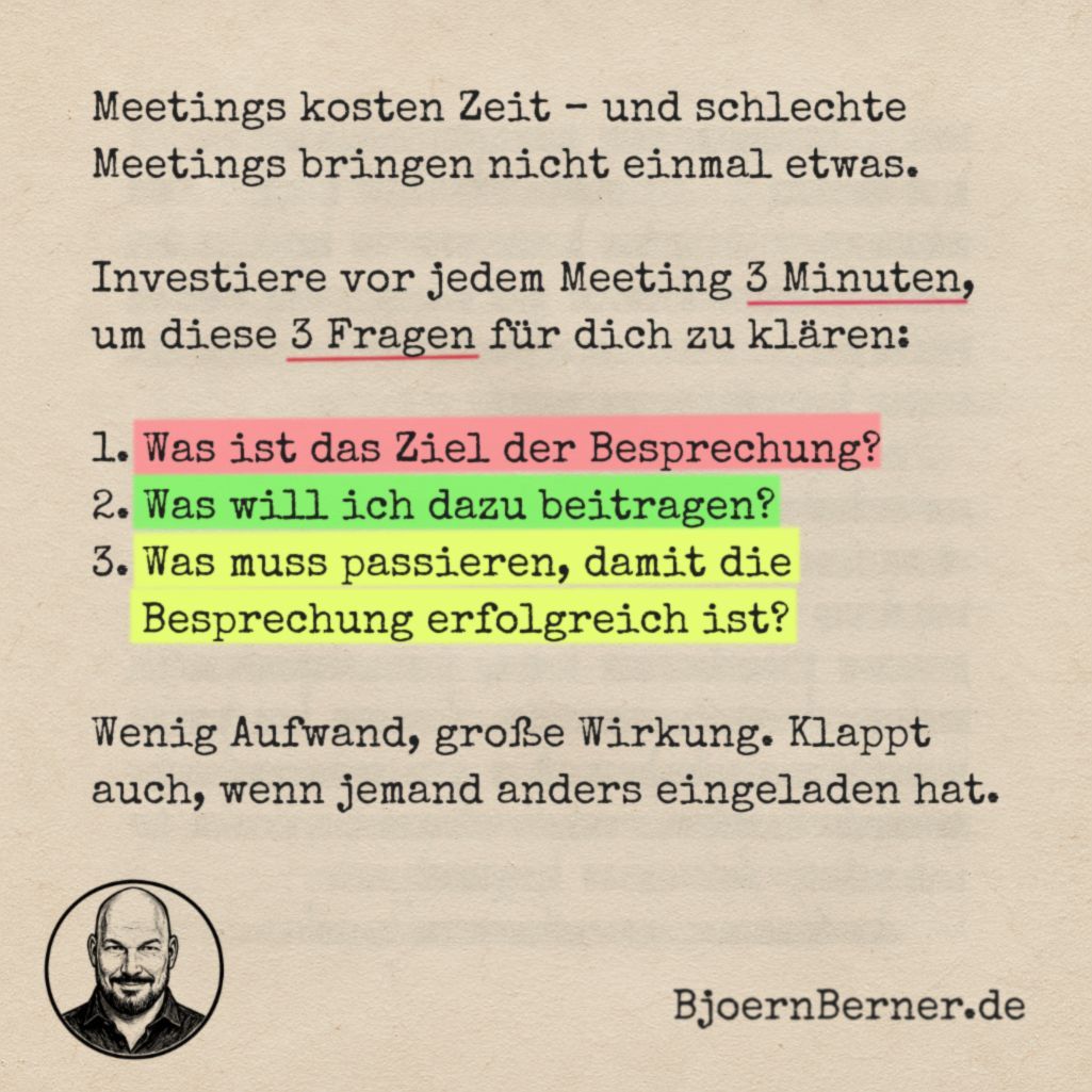 Bjoern_Berner's tweet photo. Meetings gehören zu den größten Zeitfressern im Alltag von Führungskräften - und die meisten sind es nicht wert.

Mit drei verblüffend simplen Fragen kannst du jedes Meeting produktiver machen.

Lies den ganzen Artikel unter:
https://t.co/LD6g5rCgkn https://t.co/3ASYzNgU7e