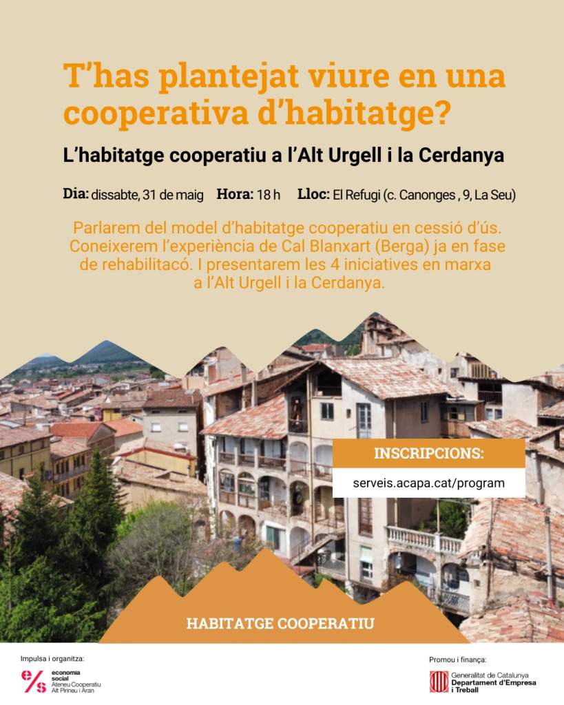 Tenim un dissabte carregat d'activitats!! ✨️

Dissabte arriba una nova edició de PirineuCoop on parlarem sobre propostes i imaginaris per una transició ecosocial‼️

El mateix dissabte també tenim una xerrada sobre habitatge cooperatiu. 🏠

Us hi esperem!!