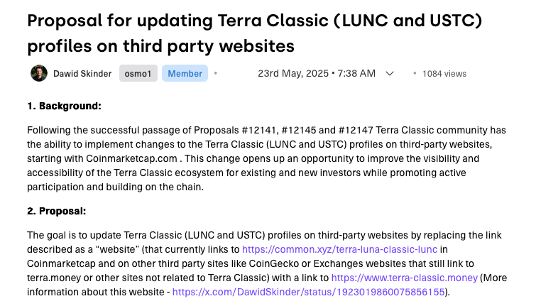 DawidSkinder's tweet photo. On behalf of the #TerraClassic community and in accordance with officially adopted governance proposal 12181 I kindly ask all third parties to change the link that appears on your websites under the "website" item on the #LUNC and #USTC profiles to https://t.co/mK90N7xsia
1/x https://t.co/piGfaplxCt