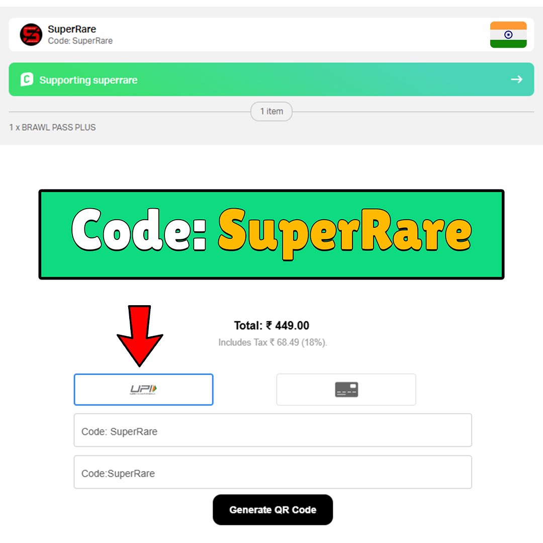 BrawlRare's tweet photo. The Supercell Store now supports UPI in India 🇮🇳
Check out: https://t.co/yC7I5TH7lN

Please consider Creator Code: SuperRare to support @superraregaming while you’re at it! 💗

#brawlstars #supercellstore #India https://t.co/9FCKYF9y5U