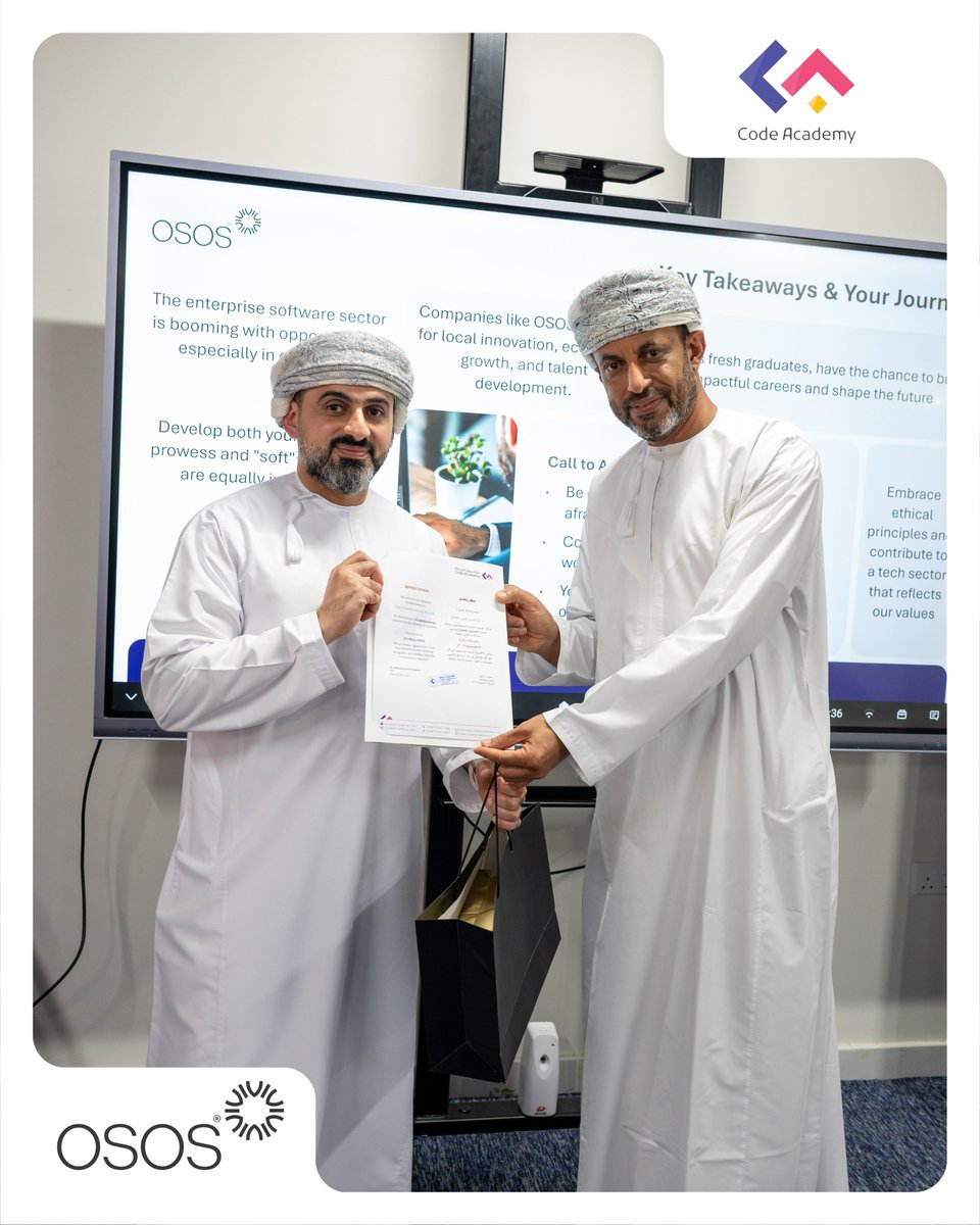 OSOS_tech's tweet image. 💡 We wrapped up #TalkBusiness with Eng. Abdullah Al-Kindi, CEO of OSOS, in a session hosted by Code Academy. He shared powerful insights on why enterprise software leadership is a necessity not a luxury. Thanks to all who joined!
#CodeAcademy #Makeen #DigitalTransformation