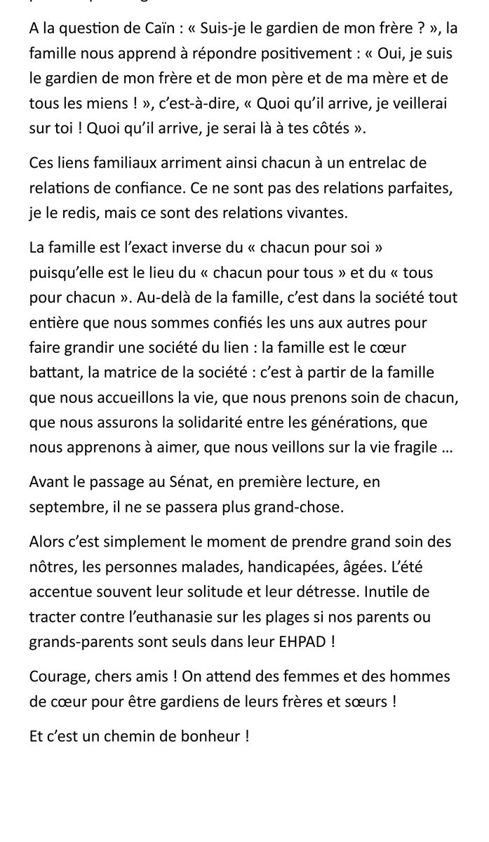 La loi sur la fin de vie fait de nous tous des Caïn en puissance alors qu'une société juste et en paix ne se construit que si nous sommes tous " gardiens de nos frères".
Mon intervention hier soir aux Veilleurs⤵️