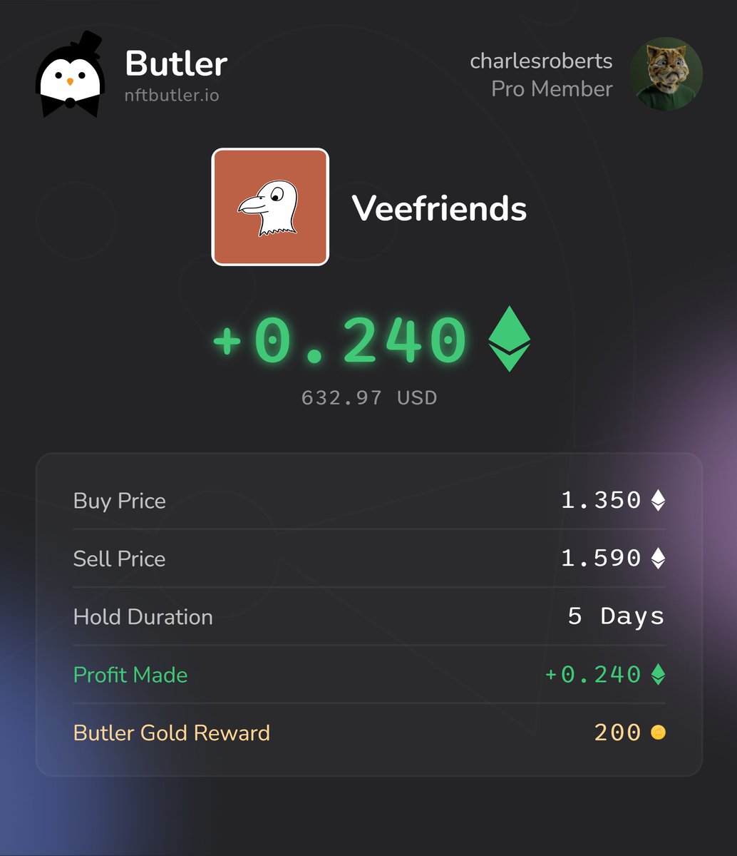 0.240 Ξ profit on a single trade 💰📈

Sharing my best Flip this month to get fat stacks of 200 Butler Gold 🟠
Stacking profits is so much easier with NFT Butler!🐧

#NFT #NFTCommunity #NFTButler

nftbutler.io