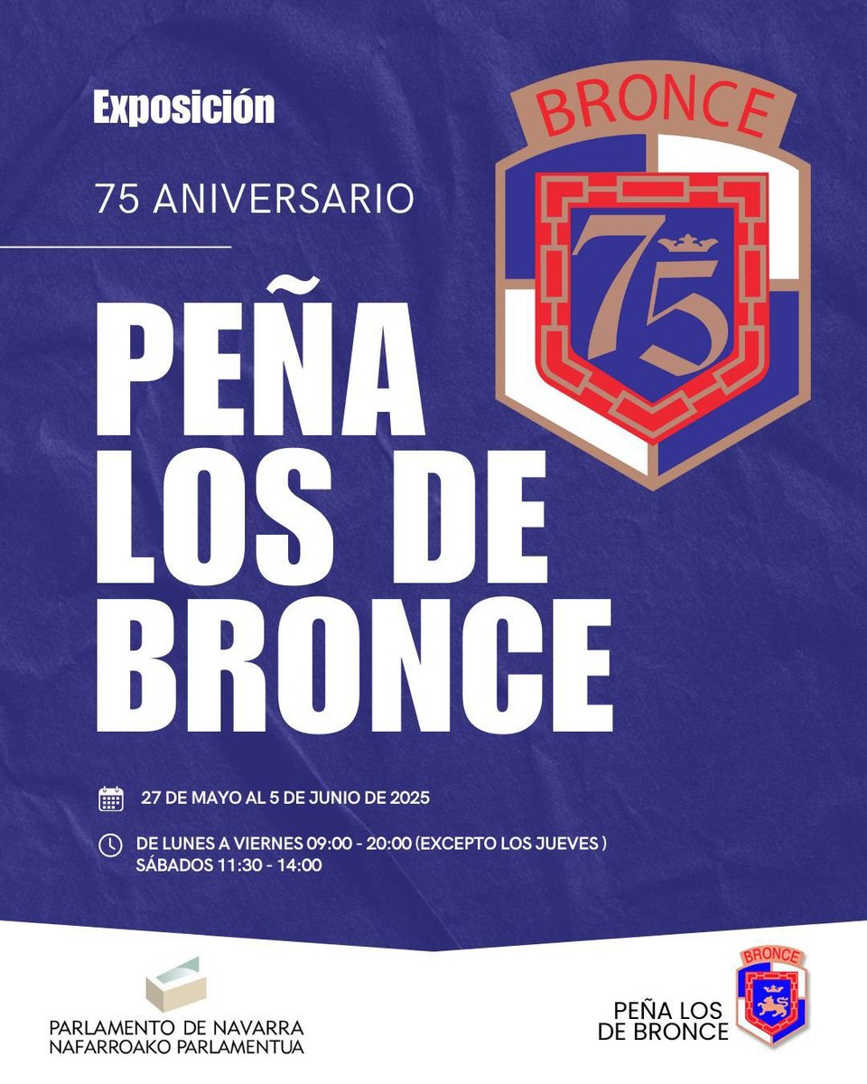Del 27 de mayo hasta el 5 de agosto, estaremos exponiendo un montón de trocitos de nuestros 75 años de historia en el atrio del Parlamento de Navarra.
Os esperamos.
#losdebronce75