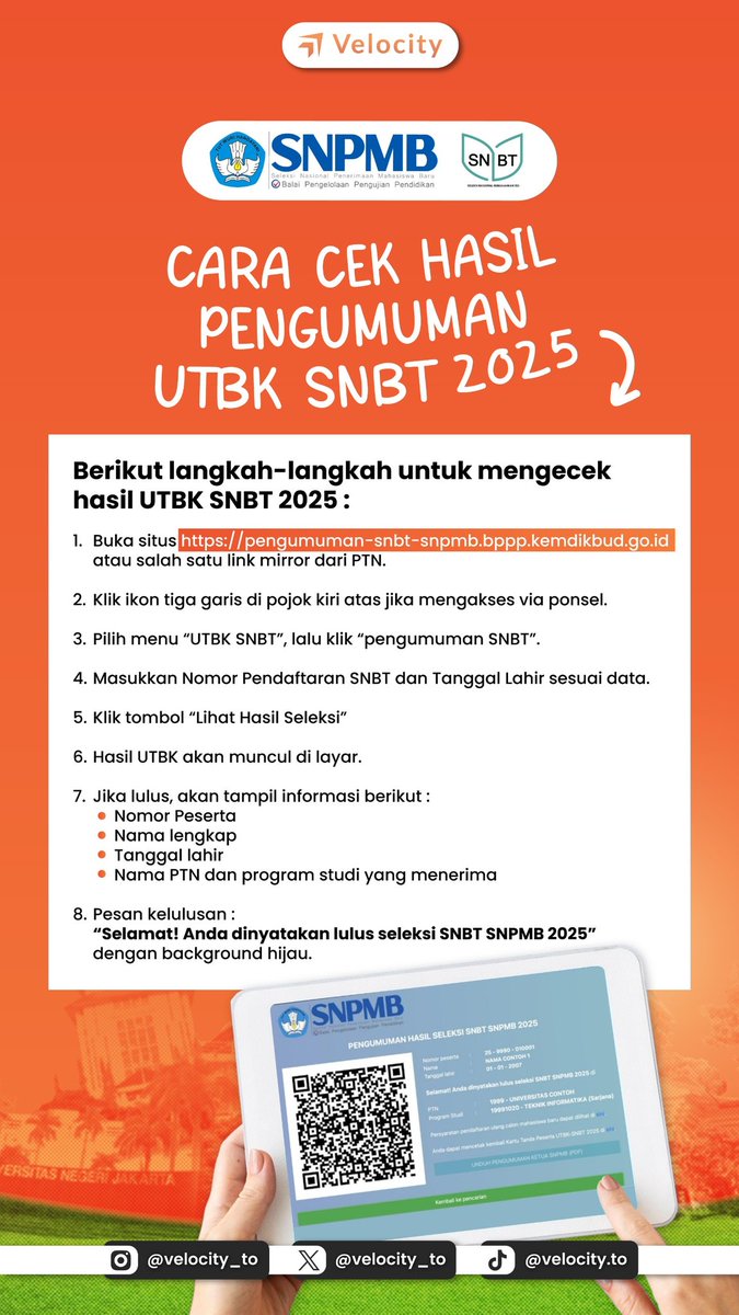 velocity_to's tweet photo. Kumpulan link untuk CEK HASIL PENGUMUMAN UTBK SNBT 2025

#mahasiswa #utbk  #infokampus #infokuliah #universitas #jalurmandiri #ptn #ptnindonesia #masukkampus #masukptn #mahasiswabaru #infoutbk #infojalurmandiri #tryoutgratis #utbk2025 #bimbel #snbp2025 #snbt2025 https://t.co/pdxzA5Flr2
