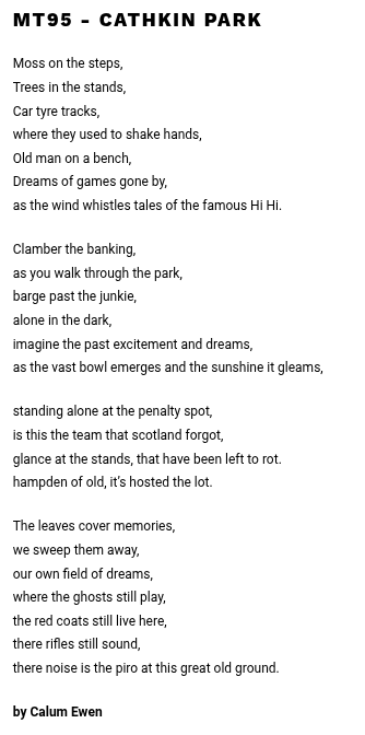🌳🏴 The Hampden Collection 🌍⚽️ (@hampdeners) on Twitter photo <a href="/shugmcmillan/">hugh mcmillan</a> , our HC Curator, adds 'Cathkin Park' by Calum Ewen to the World Home of Football Poetry.
Hugh says ‘Football grounds and the ghosts of football grounds and the ghosts of the folk who stood there with their coats drawn up against the rain or sleet. Cathkin Park... <a href="/shugmcmillan/">hugh mcmillan</a> , our HC Curator, adds 'Cathkin Park' by Calum Ewen to the World Home of Football Poetry.
Hugh says ‘Football grounds and the ghosts of football grounds and the ghosts of the folk who stood there with their coats drawn up against the rain or sleet. Cathkin Park...