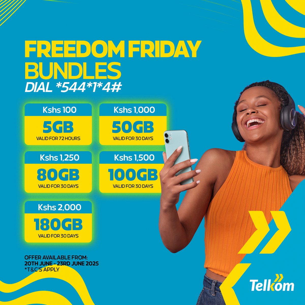 🎉 TGIF! Start your weekend with a bang, thanks to #FreedomFriday bundles! Whether you're going big with 50GB for 1K to stay connected all month, or grabbing 5GB for 100 bob, valid 72 hours for the weekend vibes, now’s the time to stream, share, and make memories. Dial *544*1*4#