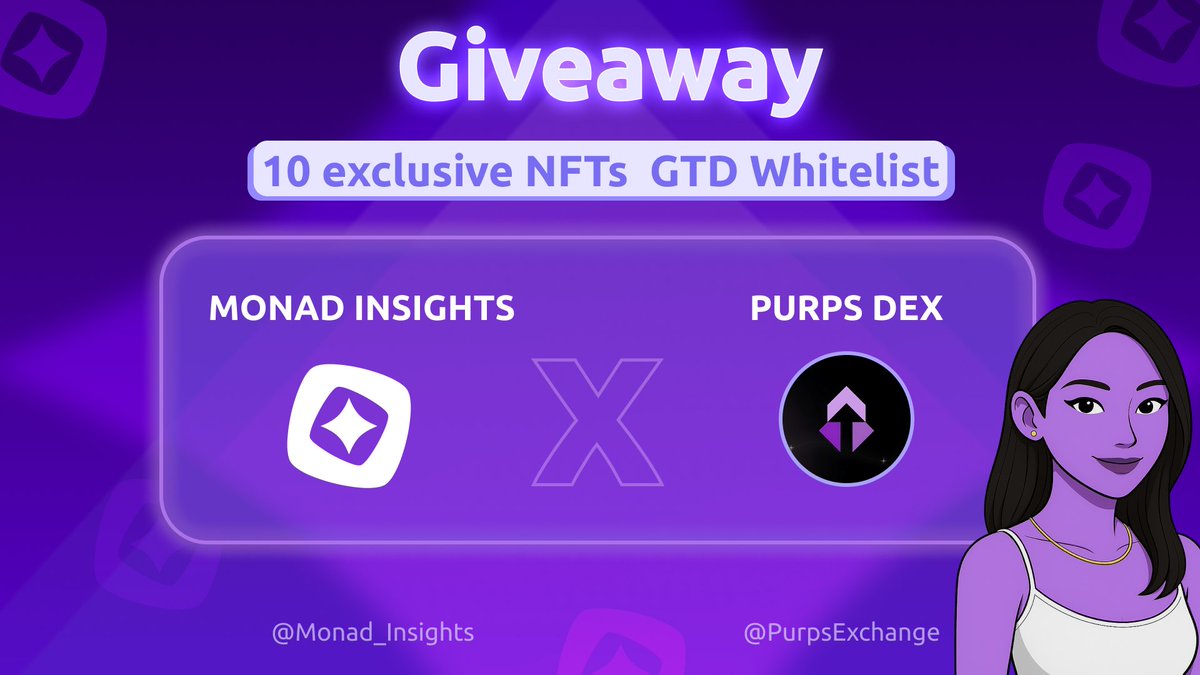 Monad Insights ⨀ (@monad_insights) on Twitter photo Monad Insights 💜 x Purps DEX
We're giving away 10 exclusive NFTs GTD whitelist spots from Purps DEX!
To join:
1️⃣ Follow <a href="/Monad_Insights/">Monad Insights ⨀</a> & <a href="/PurpsExchange/">Purps DEX on Monad 🦄</a>
2️⃣ Like, Rt this post
3️⃣ Tag 2 beloved Nads + Drop your wallet address below 💬
🎁 24 HOURS ONLY
Let’s gooo! 🟪 Monad Insights 💜 x Purps DEX
We're giving away 10 exclusive NFTs GTD whitelist spots from Purps DEX!
To join:
1️⃣ Follow <a href="/Monad_Insights/">Monad Insights ⨀</a> & <a href="/PurpsExchange/">Purps DEX on Monad 🦄</a>
2️⃣ Like, Rt this post
3️⃣ Tag 2 beloved Nads + Drop your wallet address below 💬
🎁 24 HOURS ONLY
Let’s gooo! 🟪